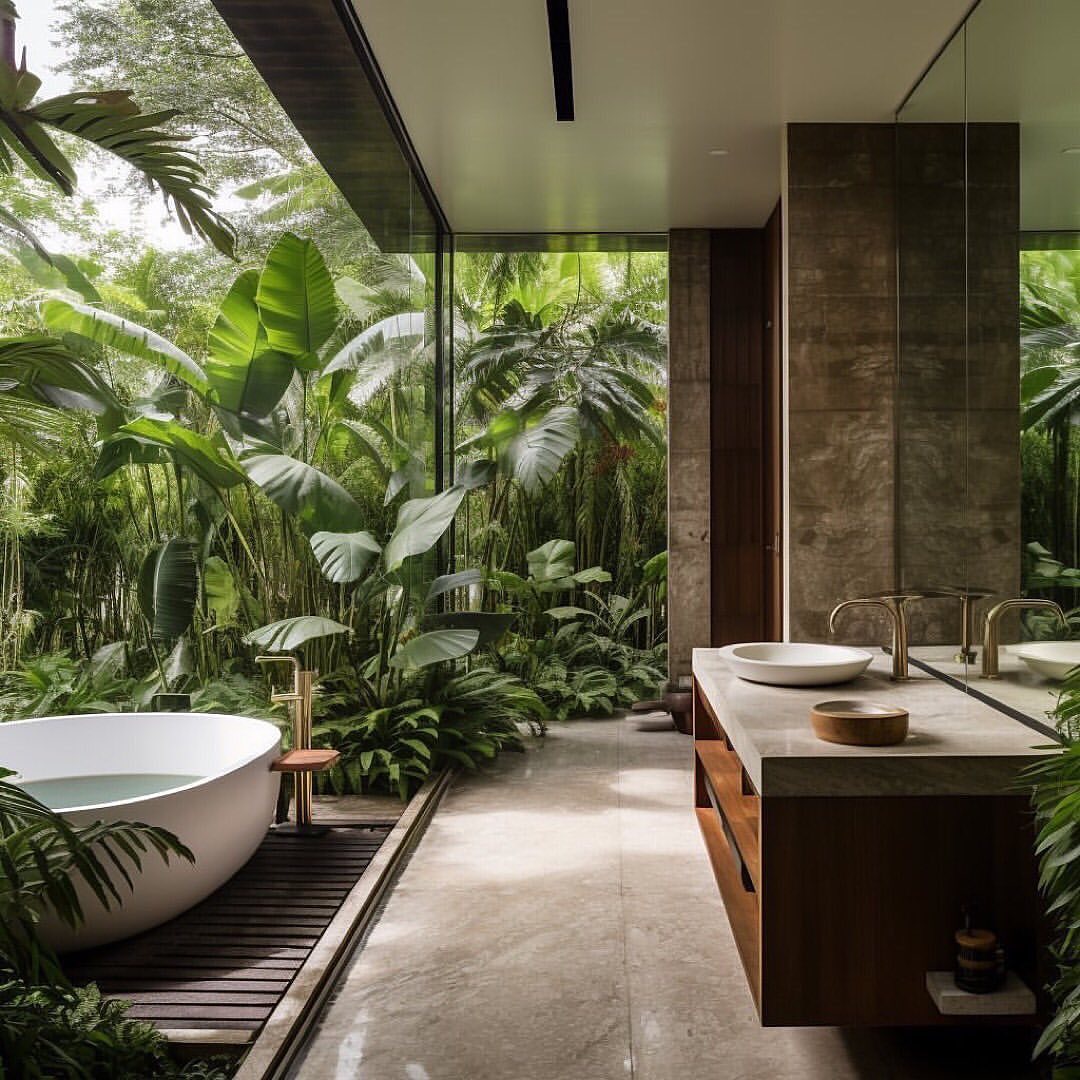 A serene bathroom retreat surrounded by lush greenery