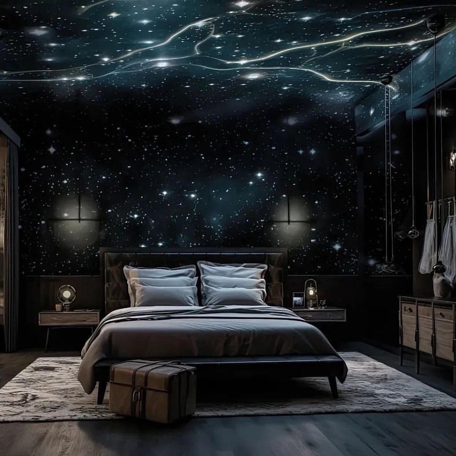 A serene bedroom featuring a galaxy-themed ceiling creating a mesmerizing cosmic ambiance