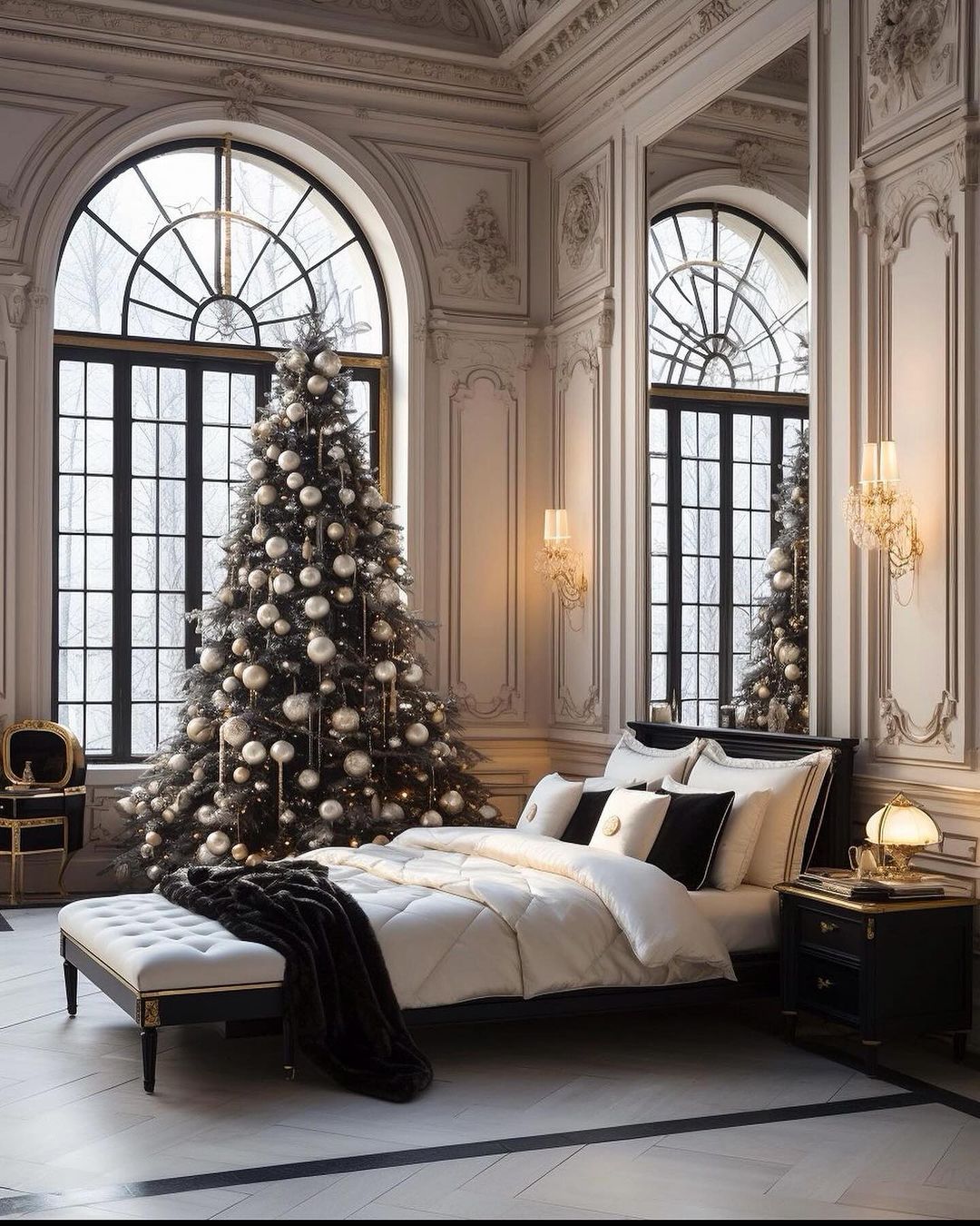 A luxuriously decorated bedroom with Christmas theme