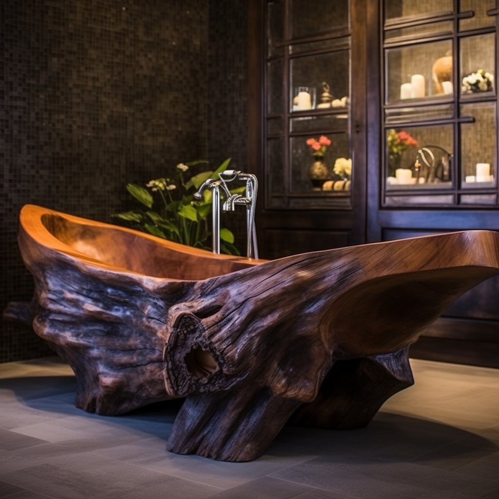 A uniquely crafted wooden bathtub