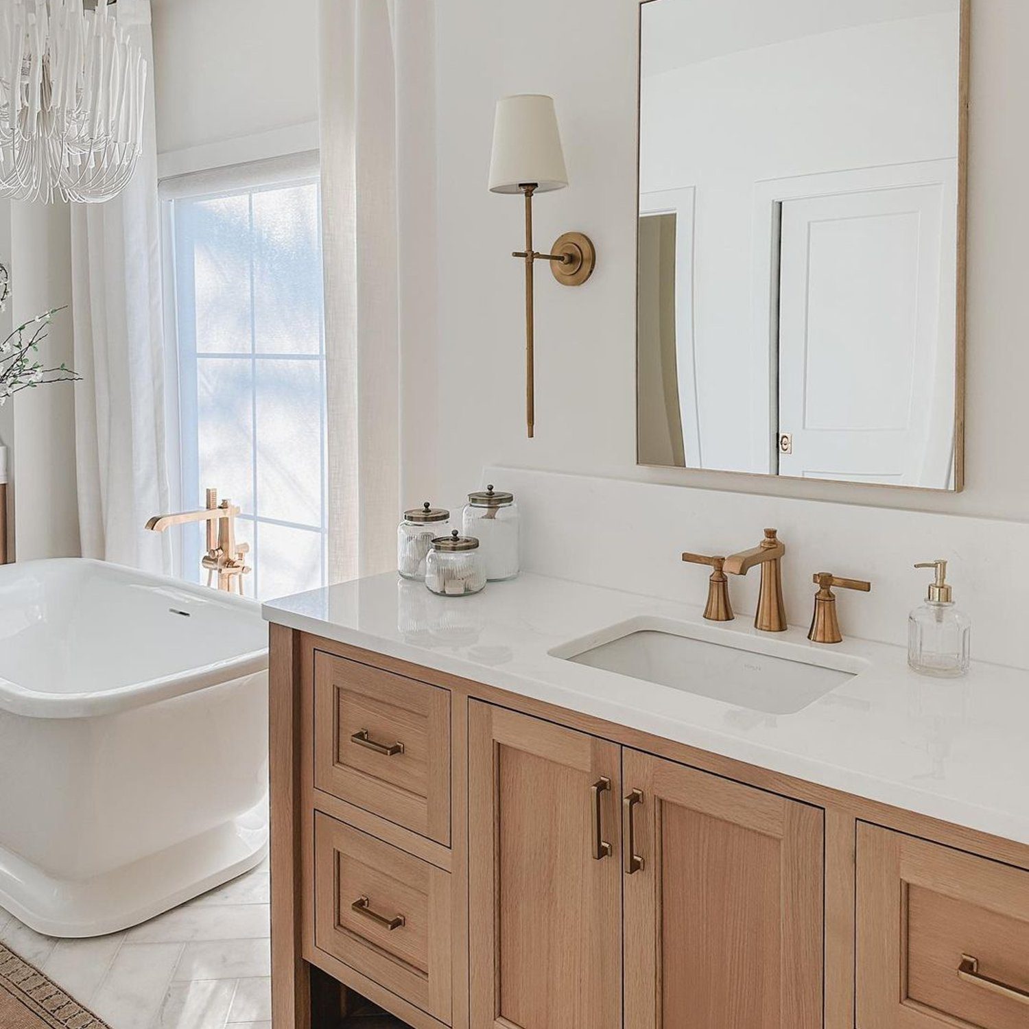 Elegant Bathroom with Natural Wood and Brass Accents