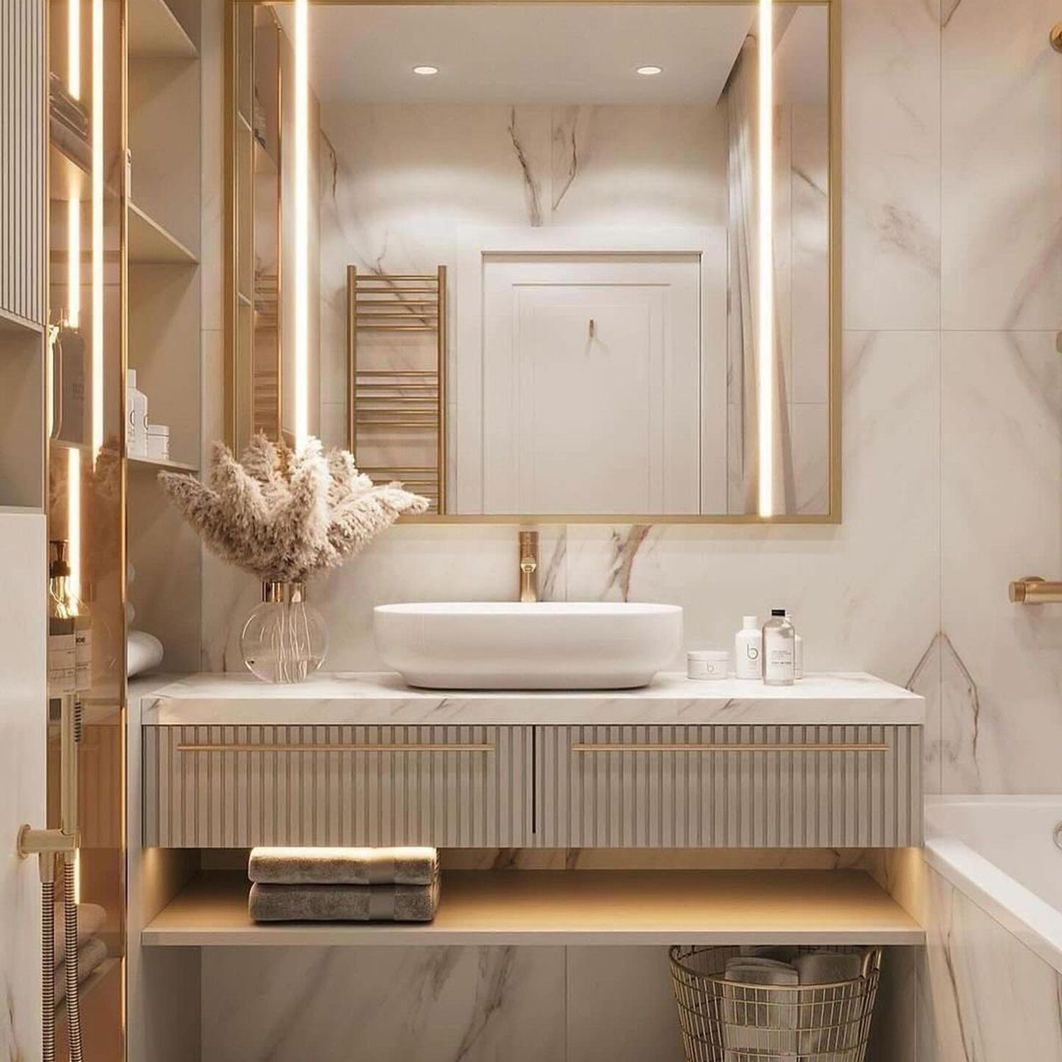 Elegant bathroom with marble tiles, wooden vanity, and illuminated mirror