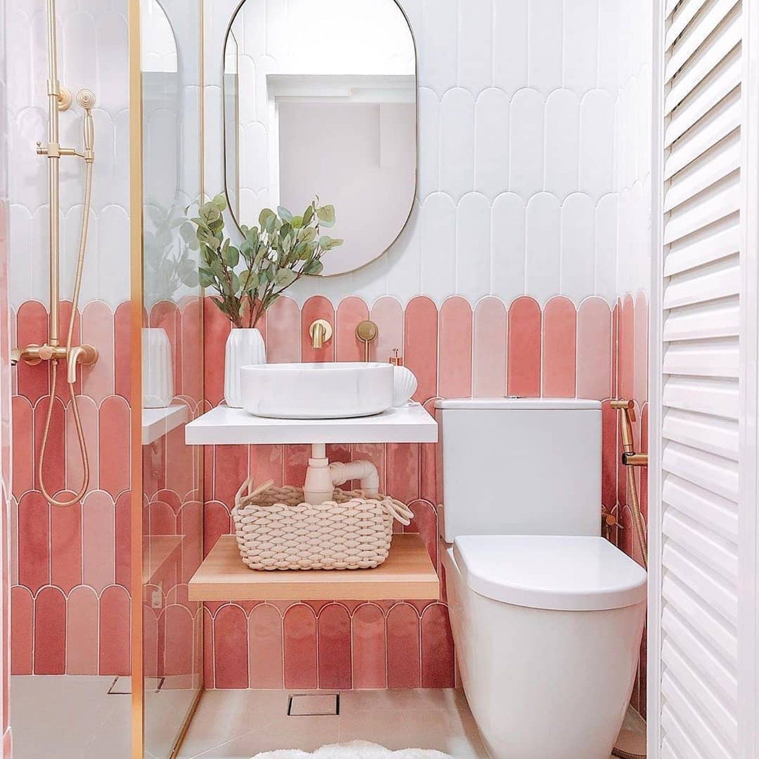 Stylish Pink Bathroom Design with Scallop Patterned Tiles