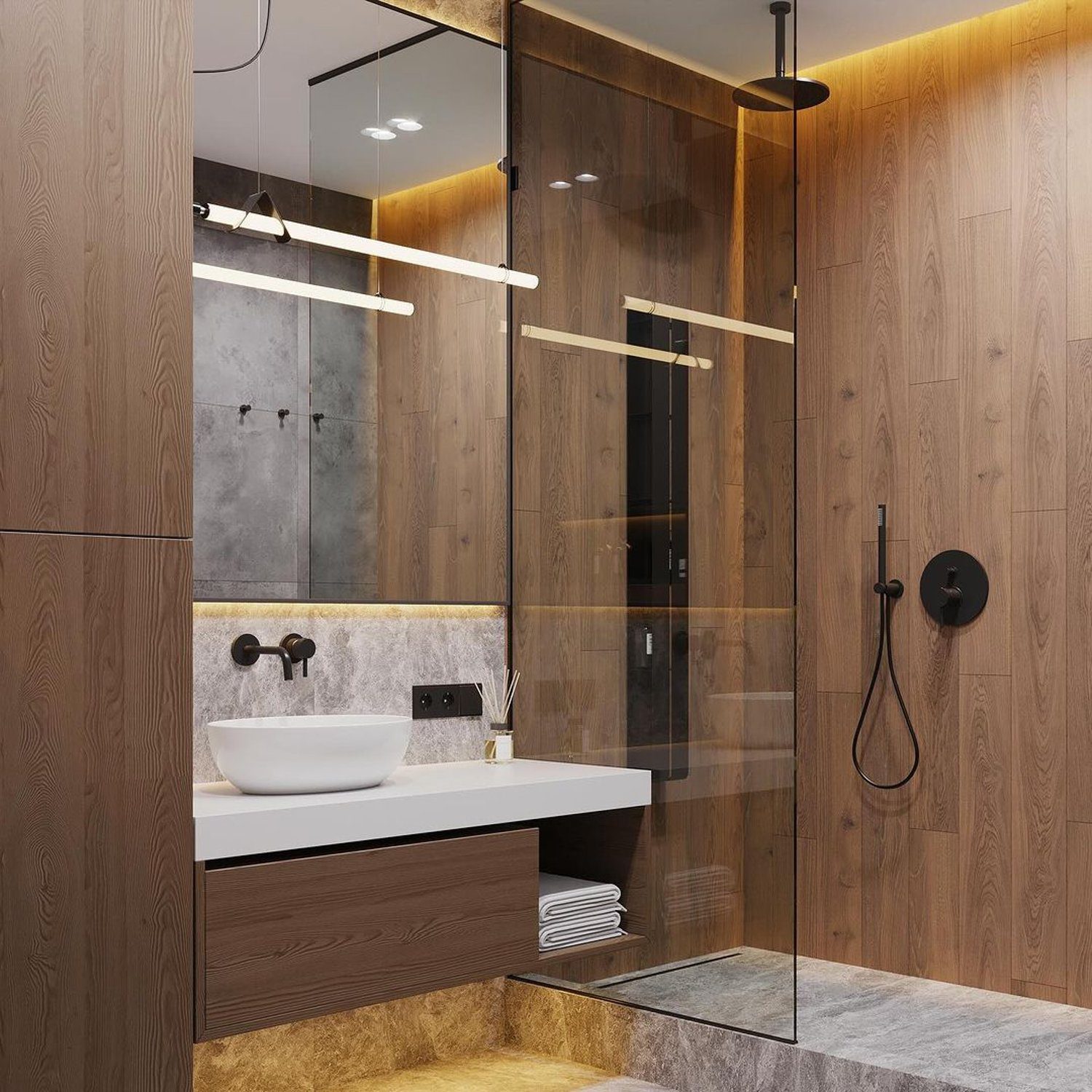 Modern bathroom with wood finishes and sleek design