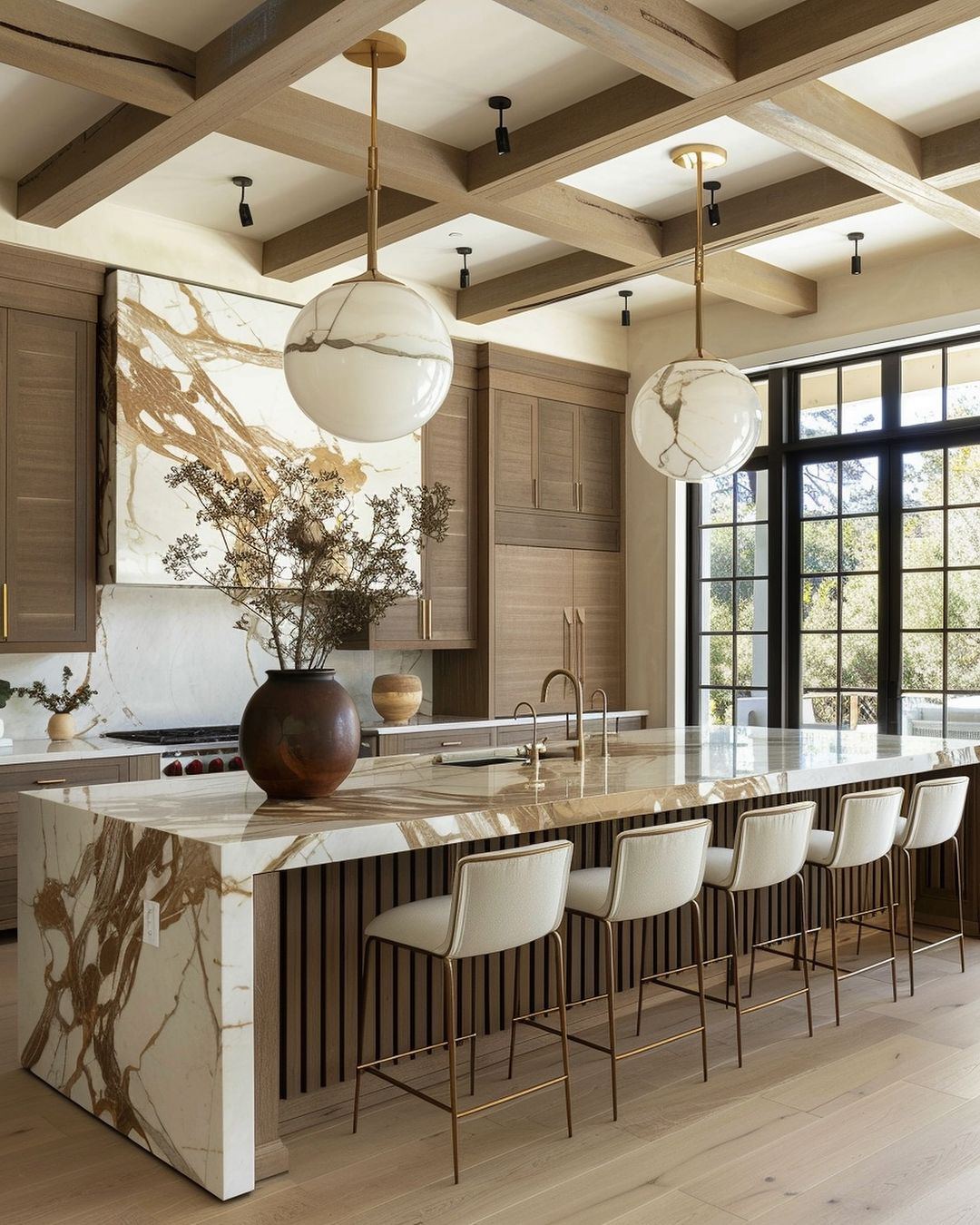 A sleek and modern kitchen with a marble island