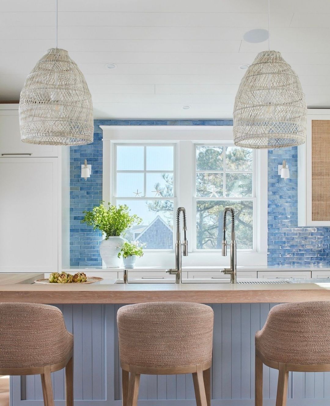 Bright kitchen with blue tile backsplash