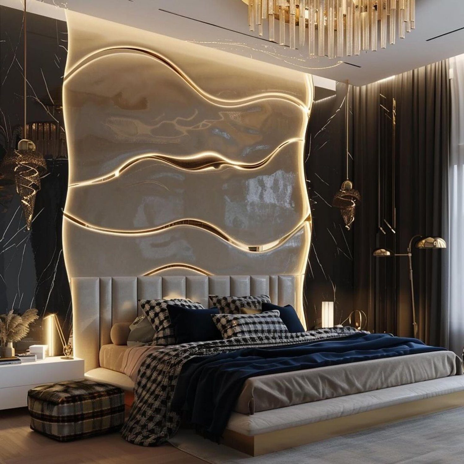 Luxurious Bedroom with Modern Artistic Headboard