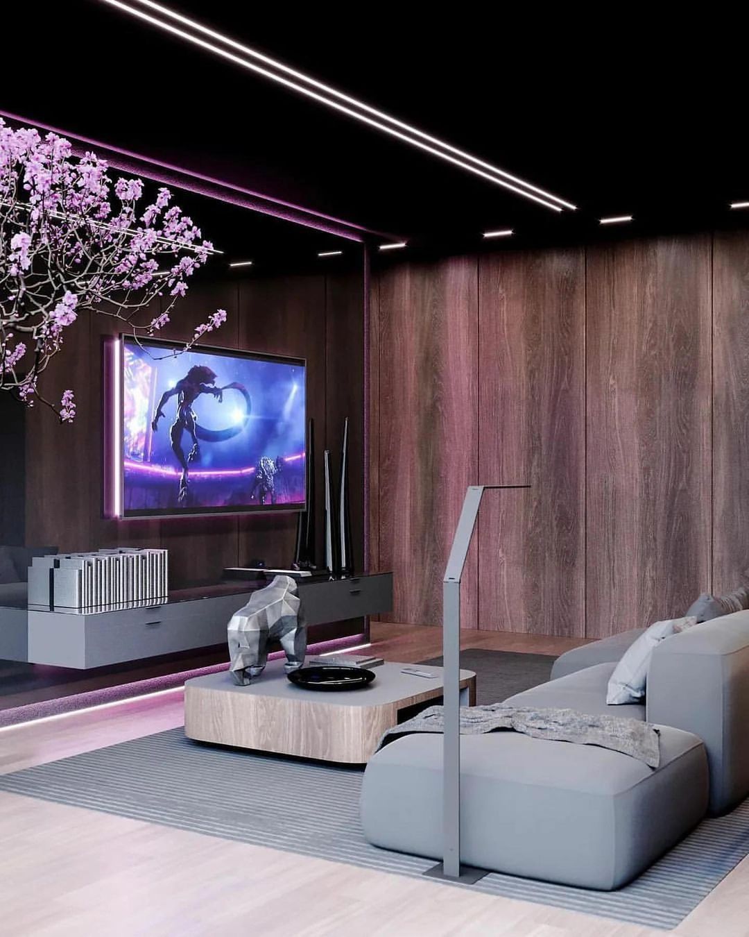 A modern living room with futuristic design elements