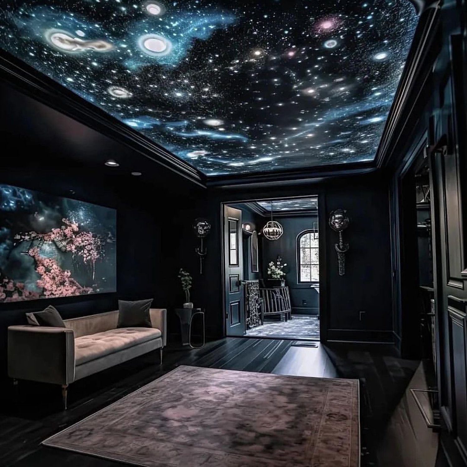 A room designed with a cosmic galaxy-themed ceiling