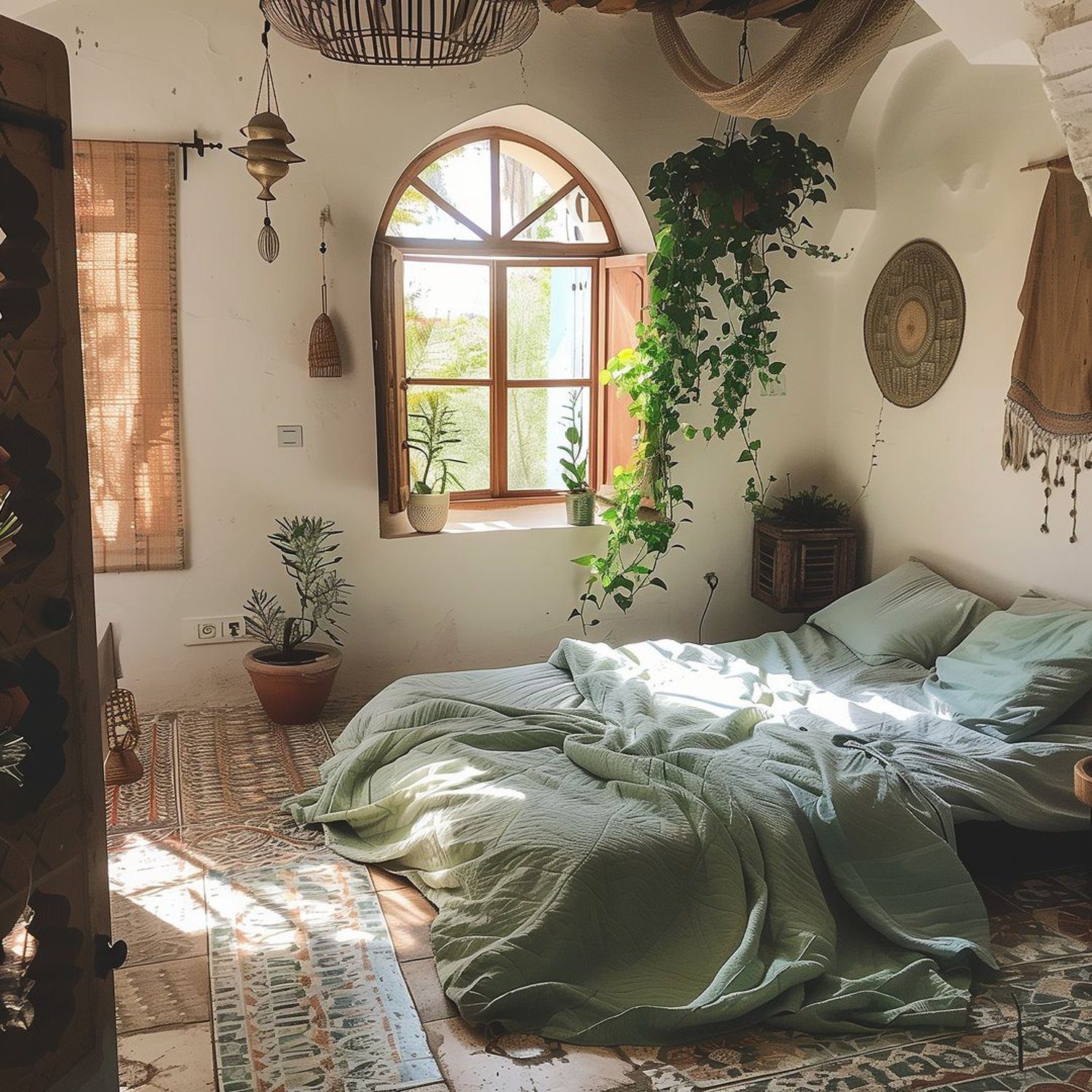 Bohemian styled bedroom with natural light