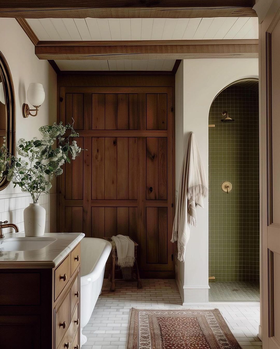 A warm-toned bathroom with wooden accents