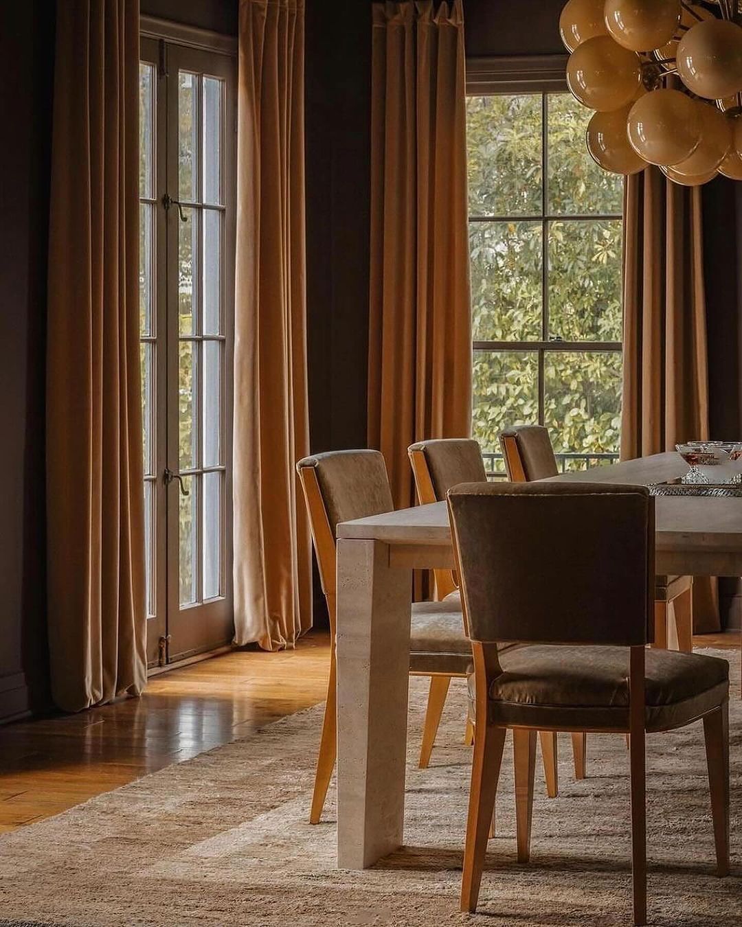 A cozy dining room with warm natural light