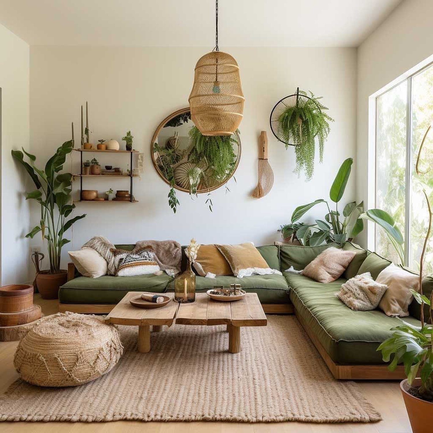 A cozy living room with abundant greenery