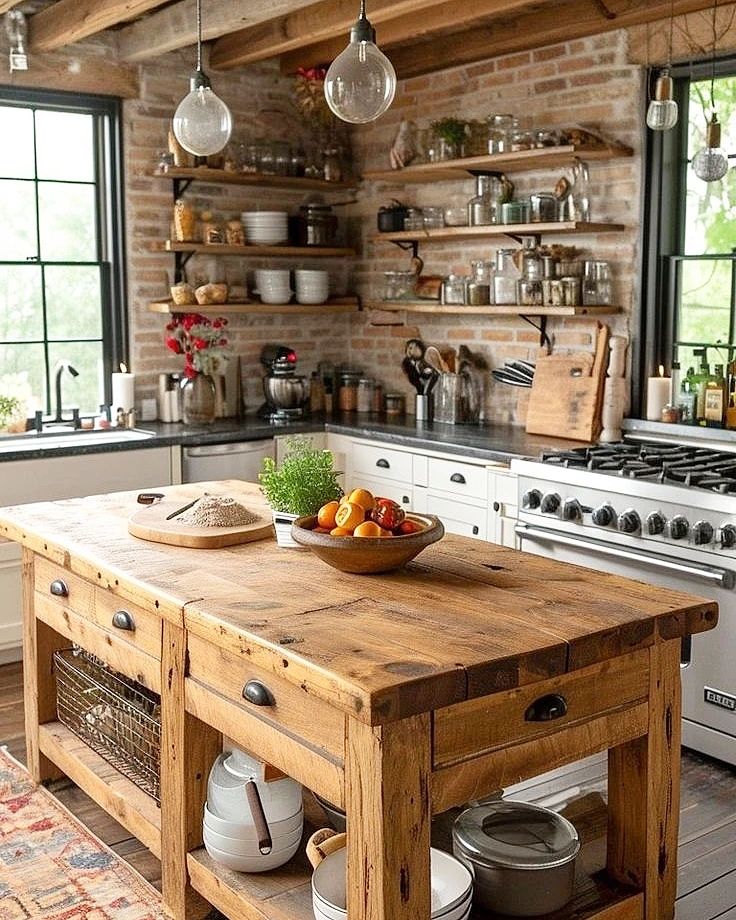 A rustic kitchen with brick walls and a wood island