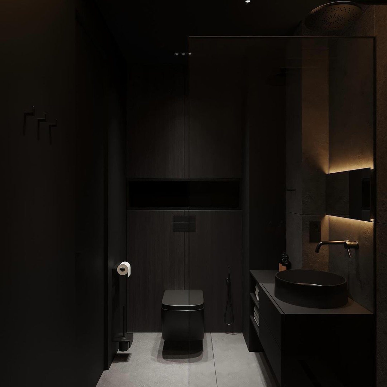 A sleek and modern bathroom with strategic lighting