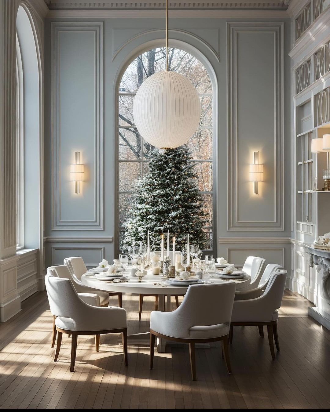 A tastefully set dining room with a holiday theme