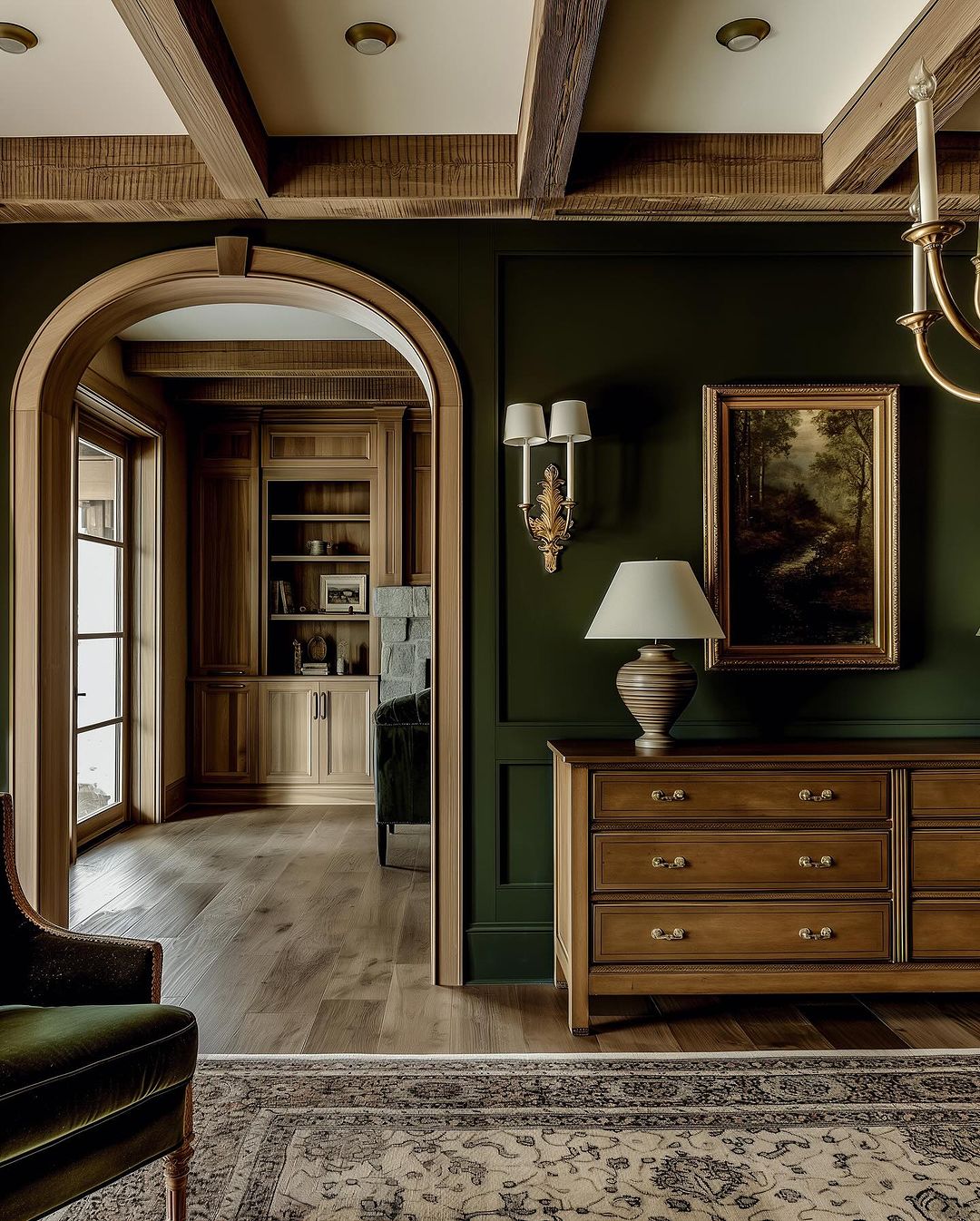 A richly textured hallway featuring deep green walls