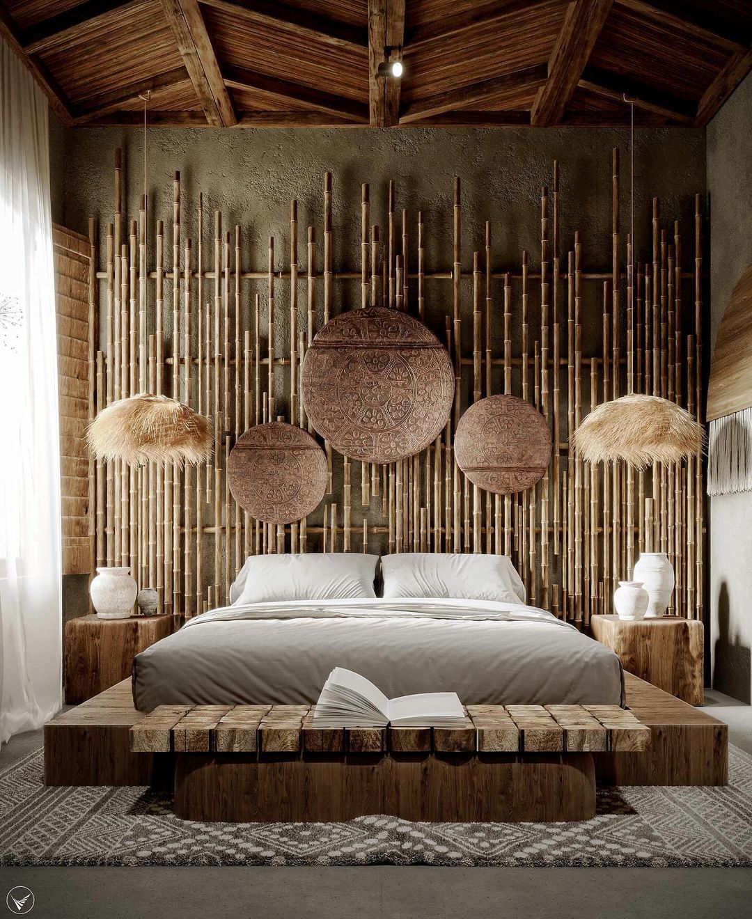 A tranquil bedroom retreat with warm wooden textures and bamboo accents