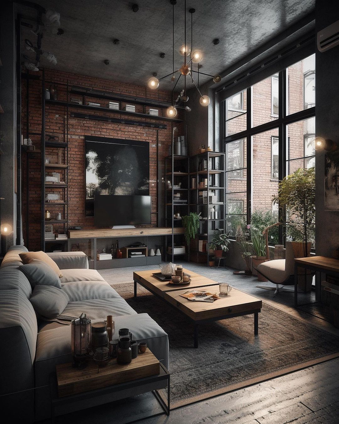 Loft-style Living Room with Exposed Brick and Industrial Accents