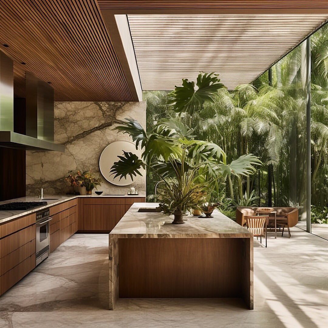 An exquisite fusion of natural elements and modern design in a kitchen space with a lush view