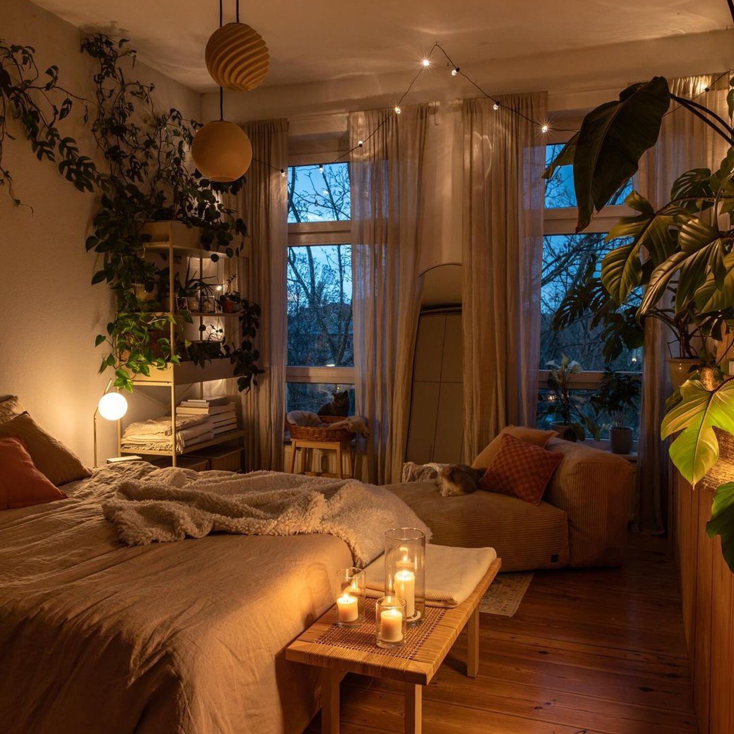 Cozy Bedroom with Ambient Lighting and Greenery