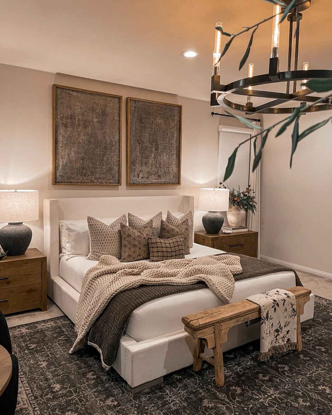 A cozy and inviting bedroom designed with a stylish blend of modern and rustic elements