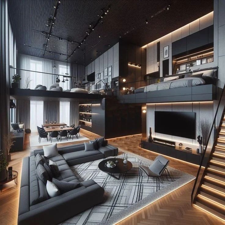 A modern and sophisticated loft space with tiered platforms