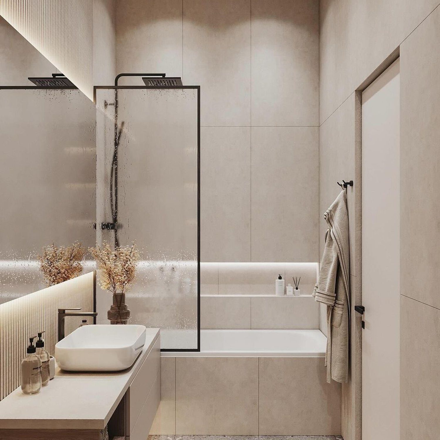 A modern minimalist bathroom equipped with sleek fixtures and warm lighting