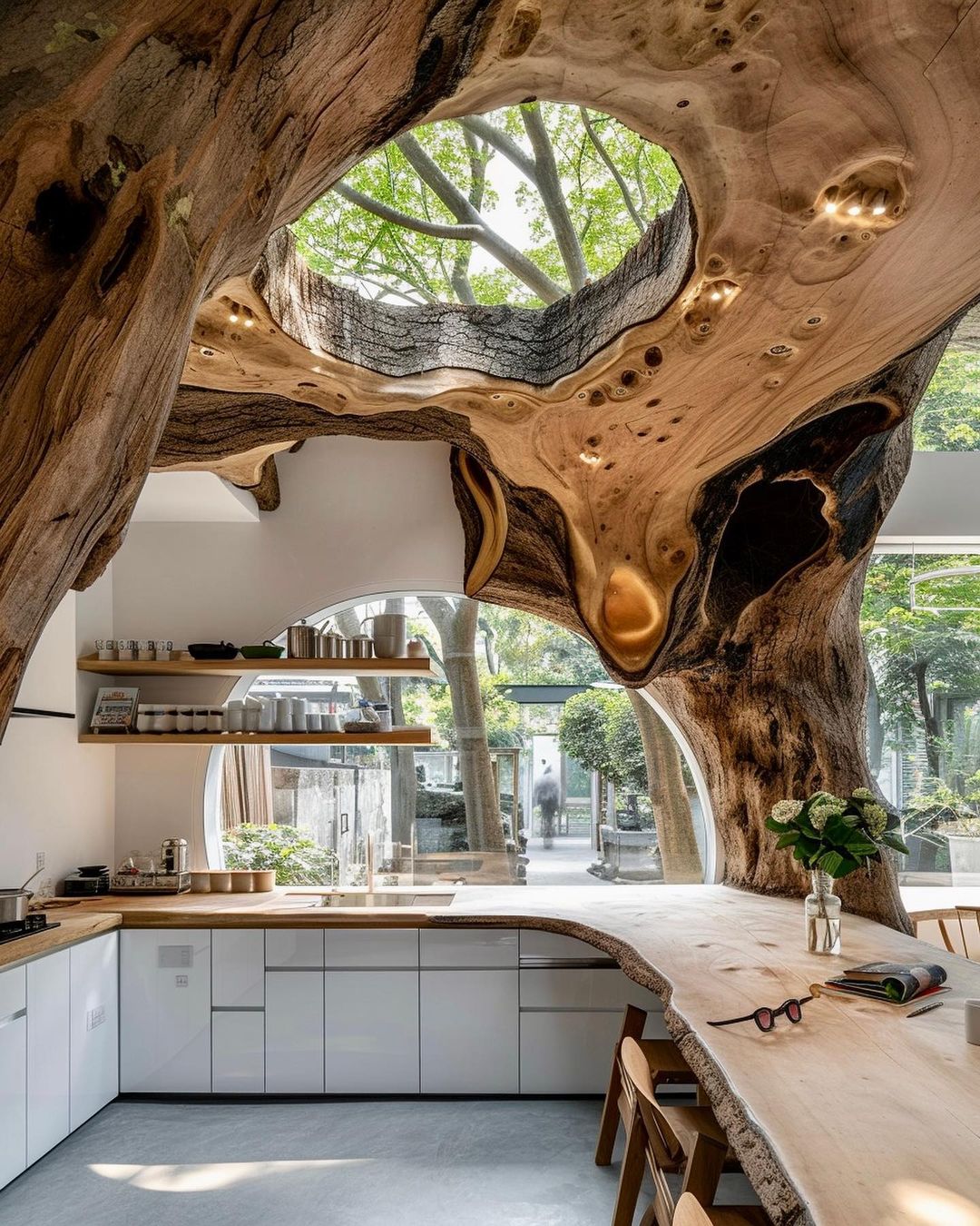 A unique kitchen seamlessly integrated with a natural tree trunk