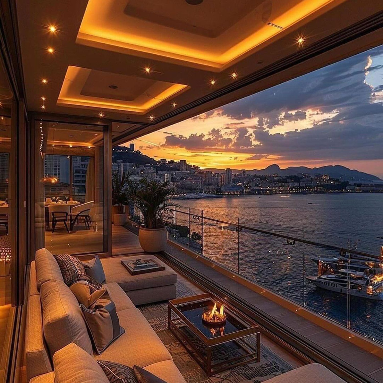 Luxurious waterfront apartment with a stunning view of the sunset and city skyline