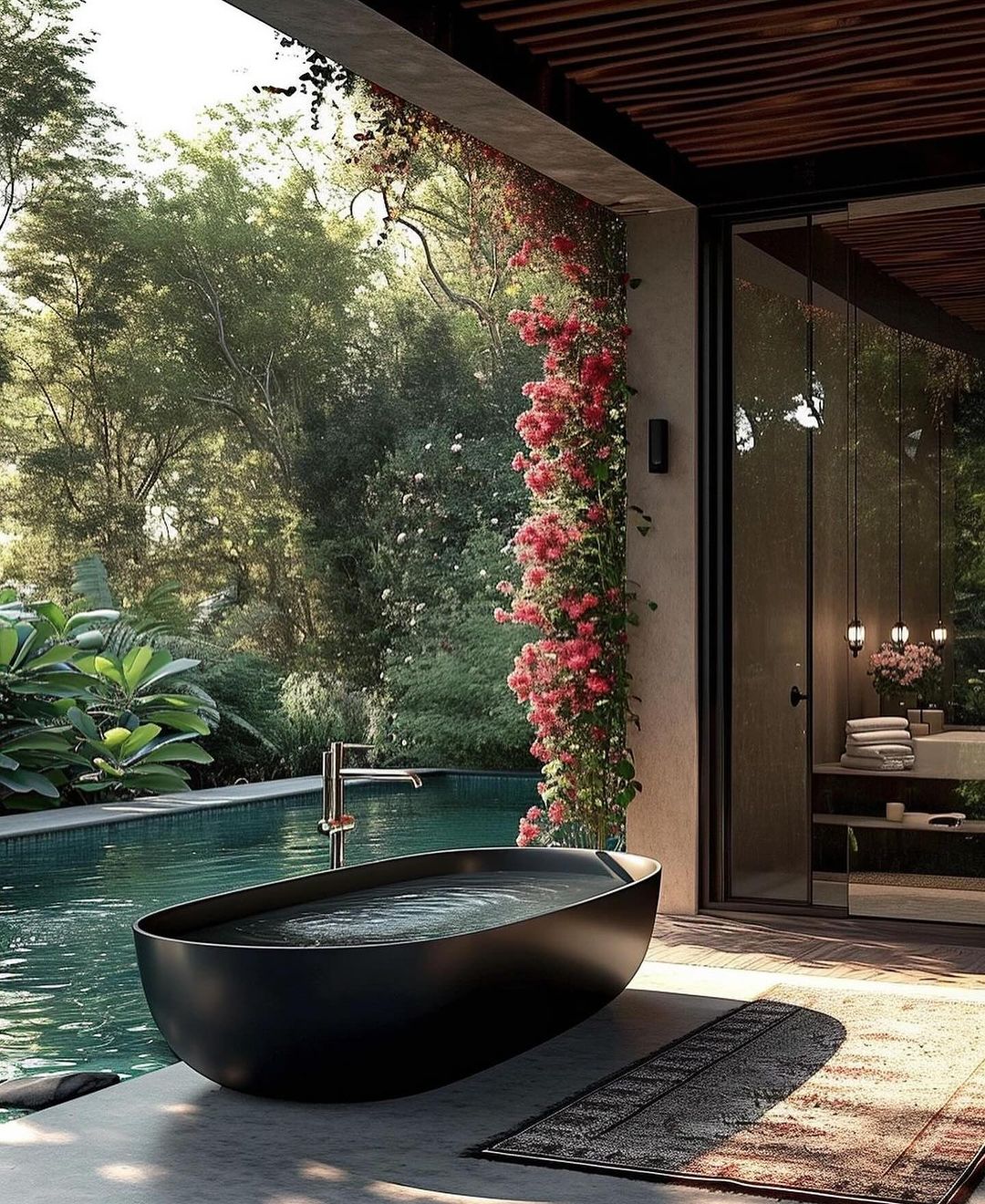 A serene bathroom blending modern design with nature