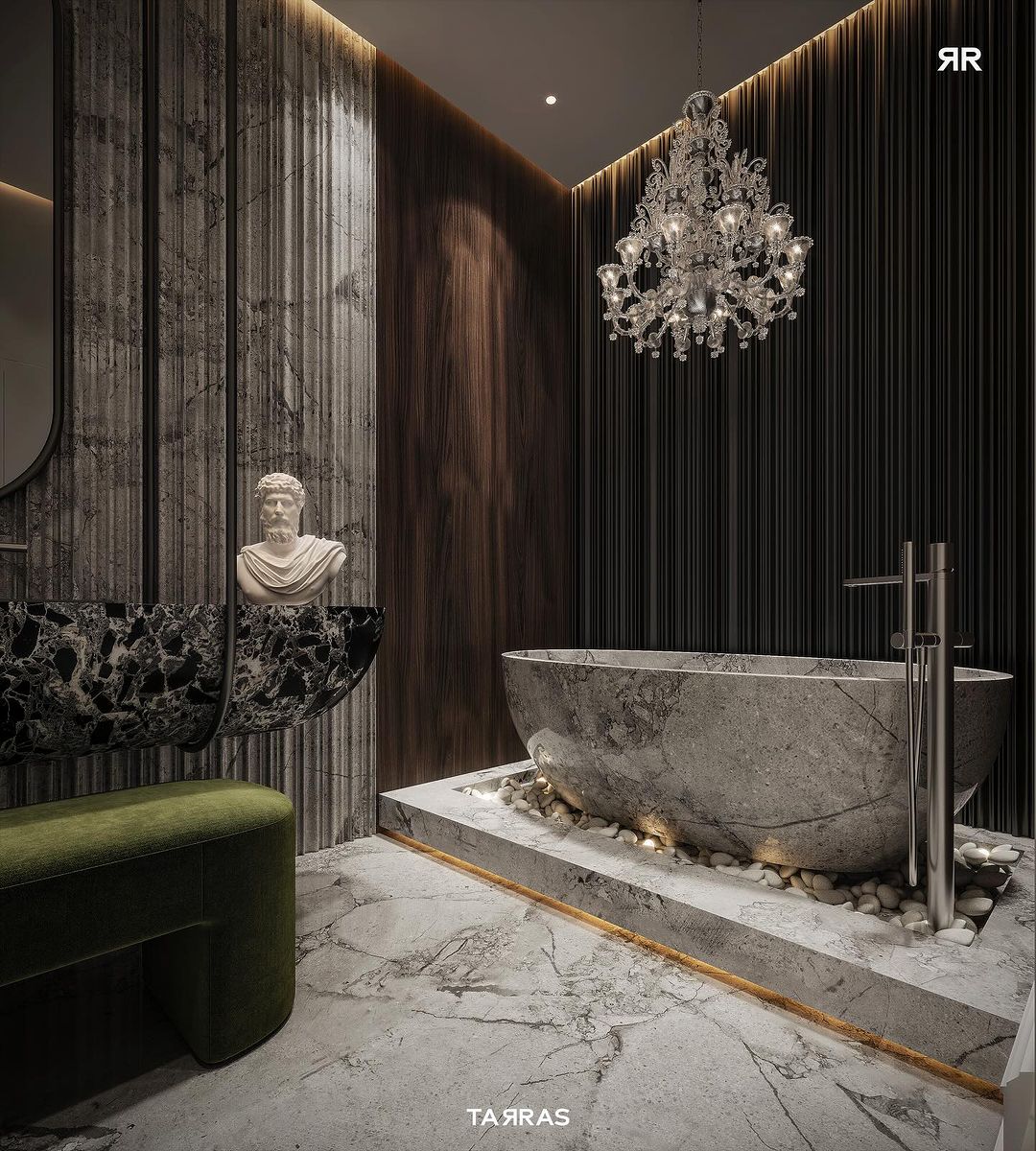 A luxurious bathroom blending modern design with classical touches