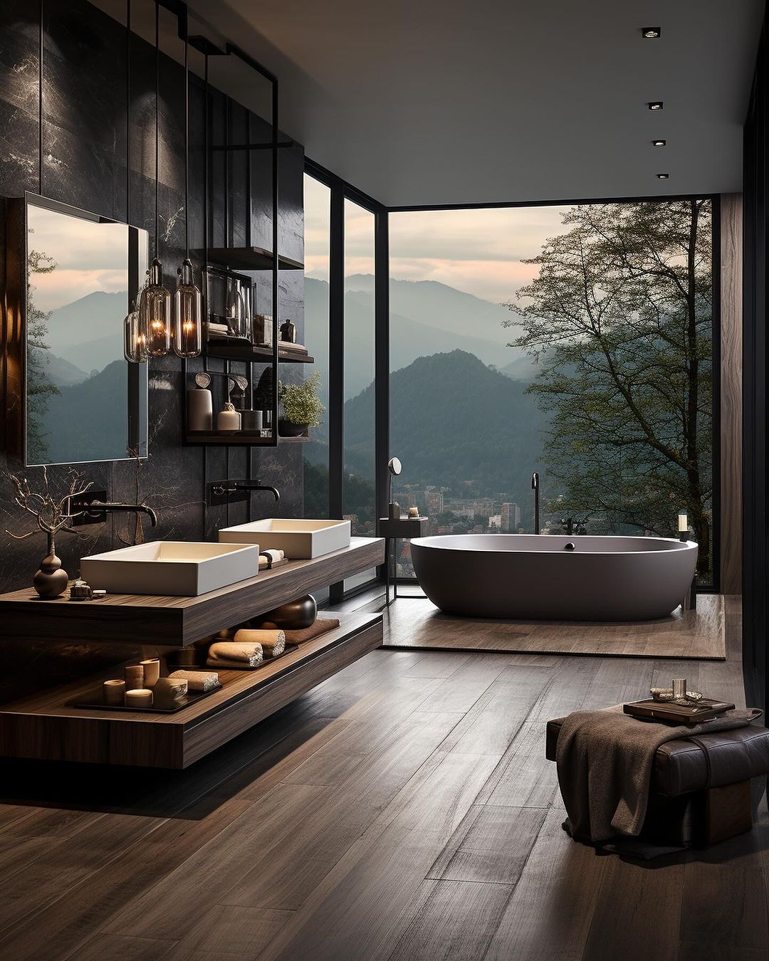 A modern bathroom with expansive mountain views