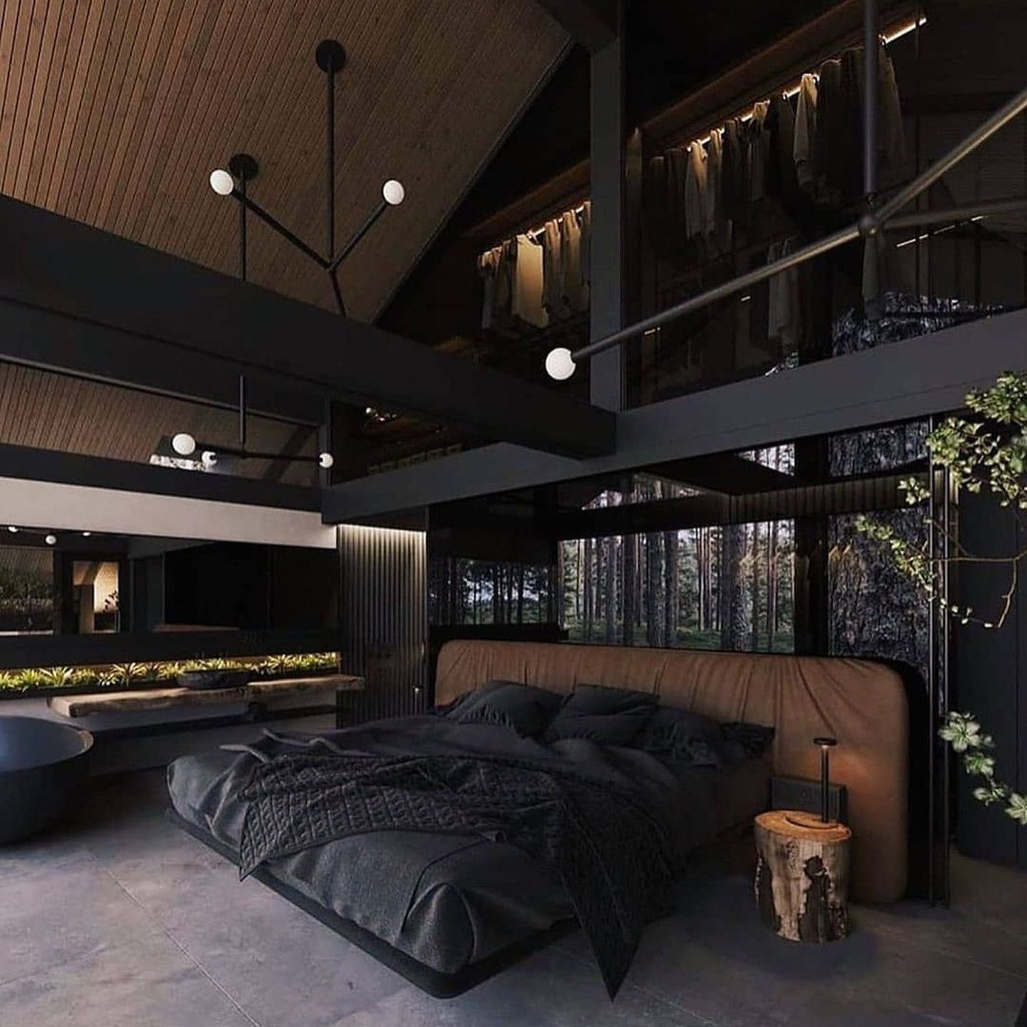 A modern bedroom with a view of the forest