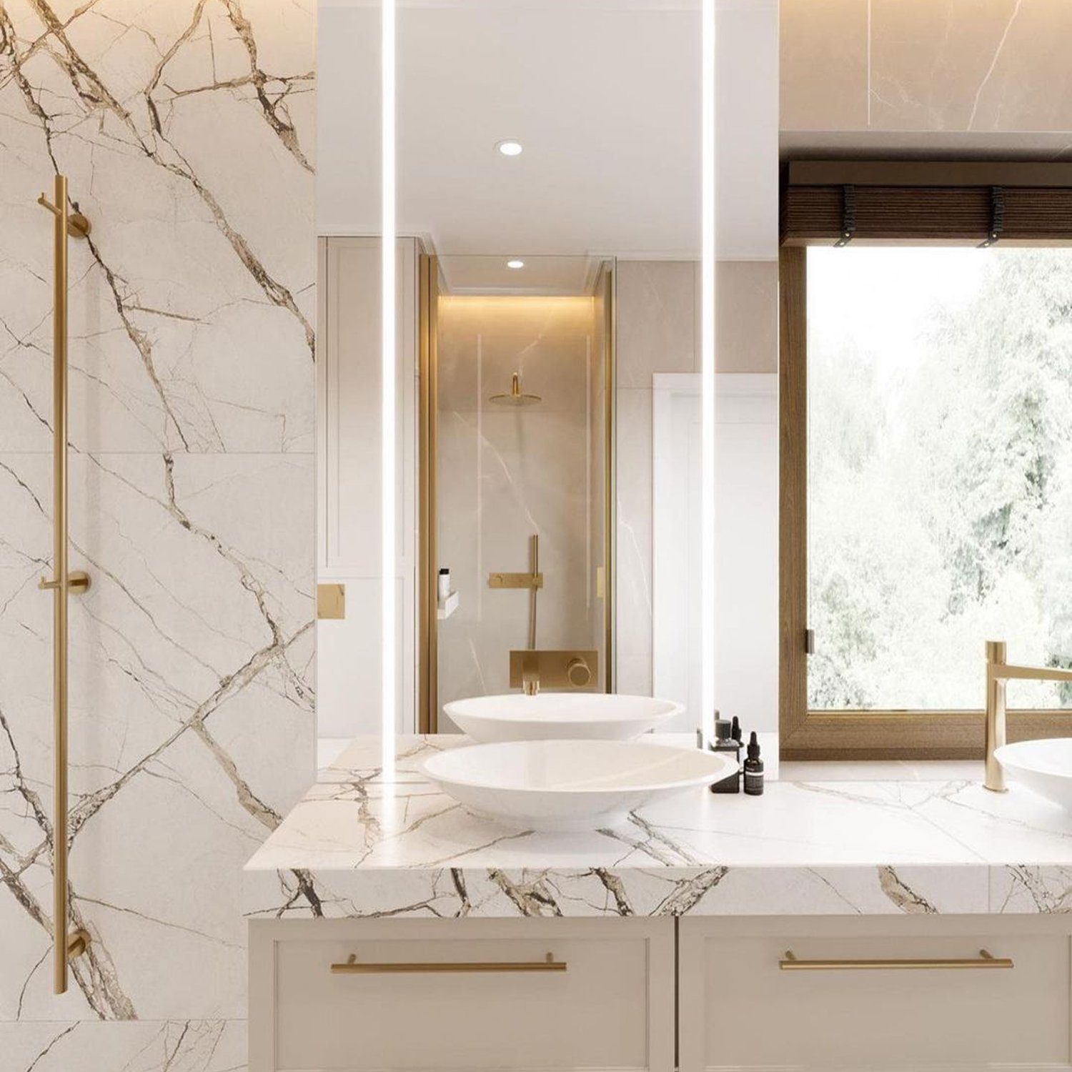 Elegant white marble bathroom with gold accents