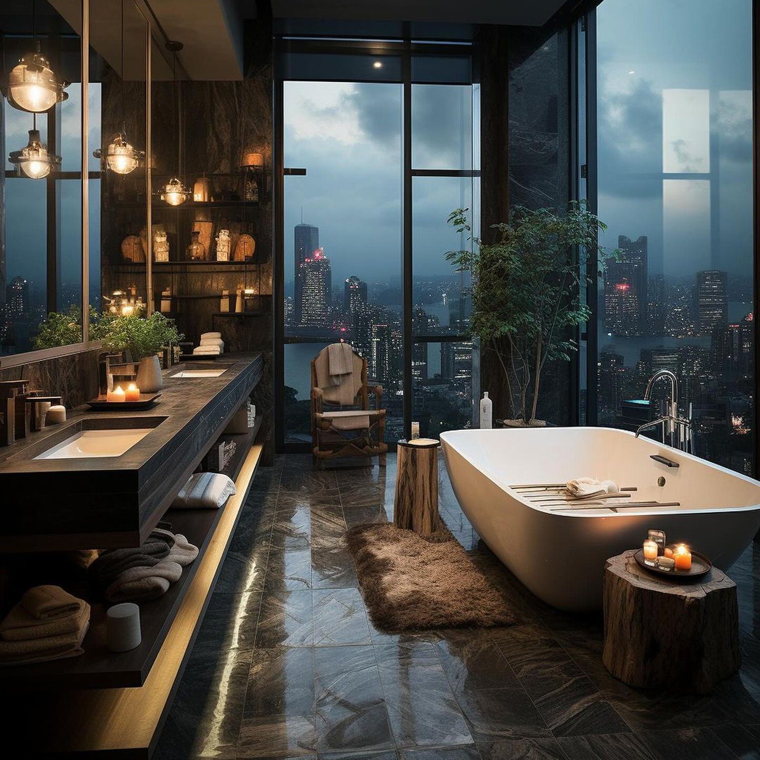 Stylish modern bathroom with panoramic city views