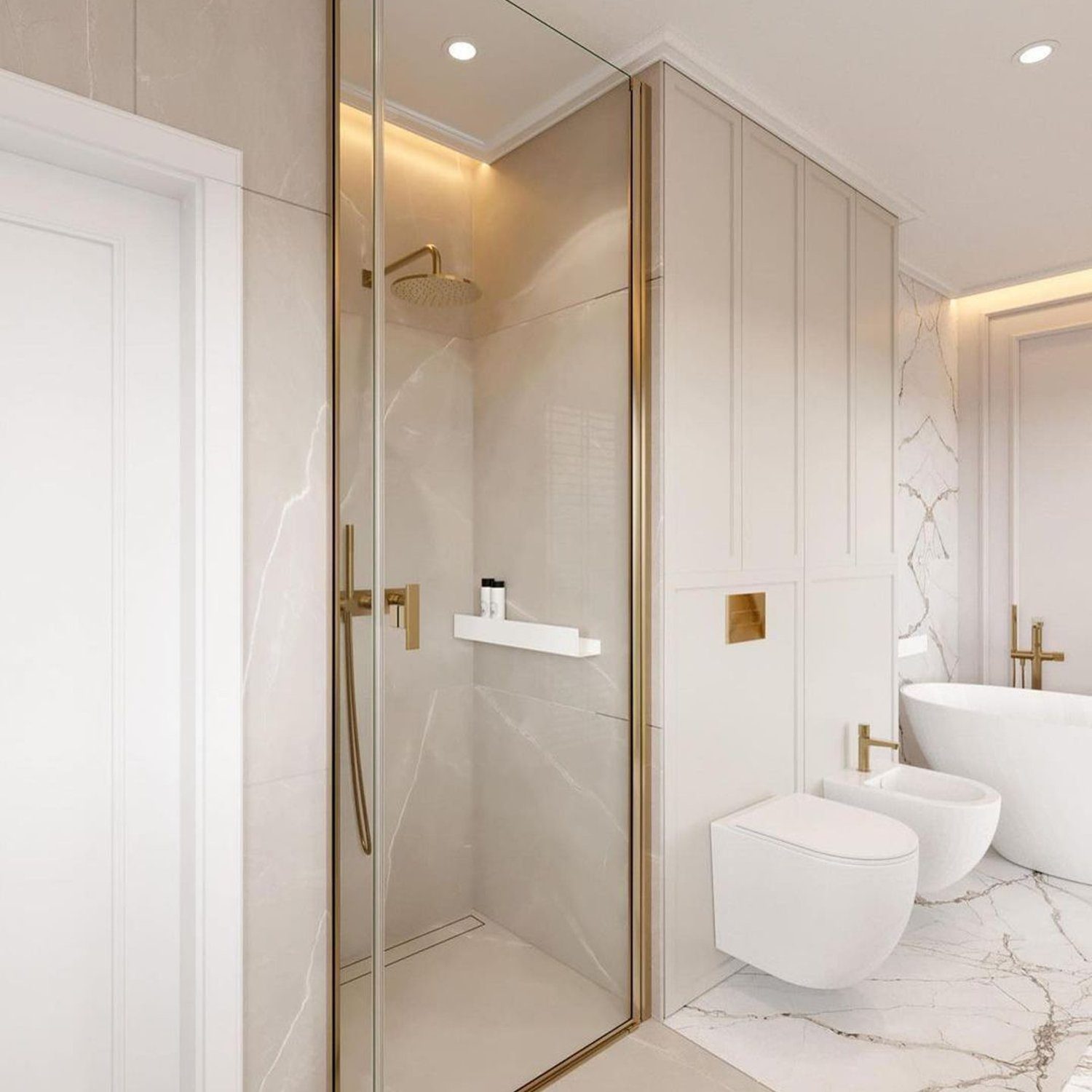 Elegant white and gold bathroom design featuring marble textures