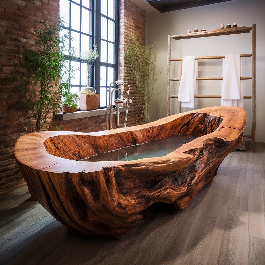 A unique wooden bathtub carved from a single piece of wood