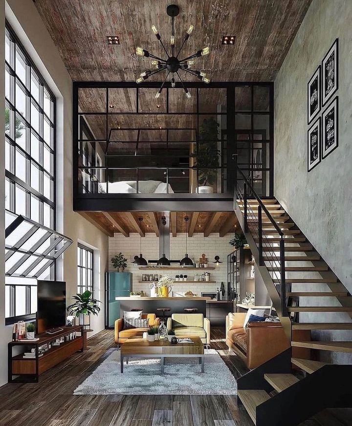 A modern and chic loft living room with high ceilings