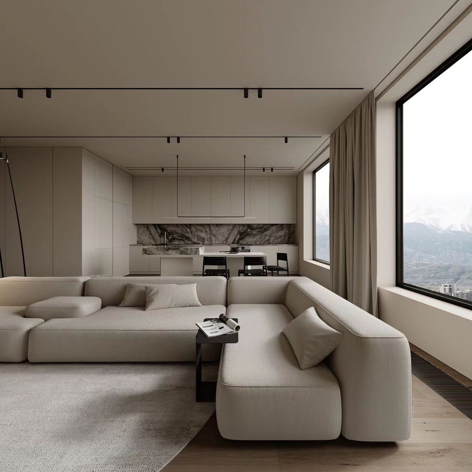 A modern living room with a panoramic mountain view