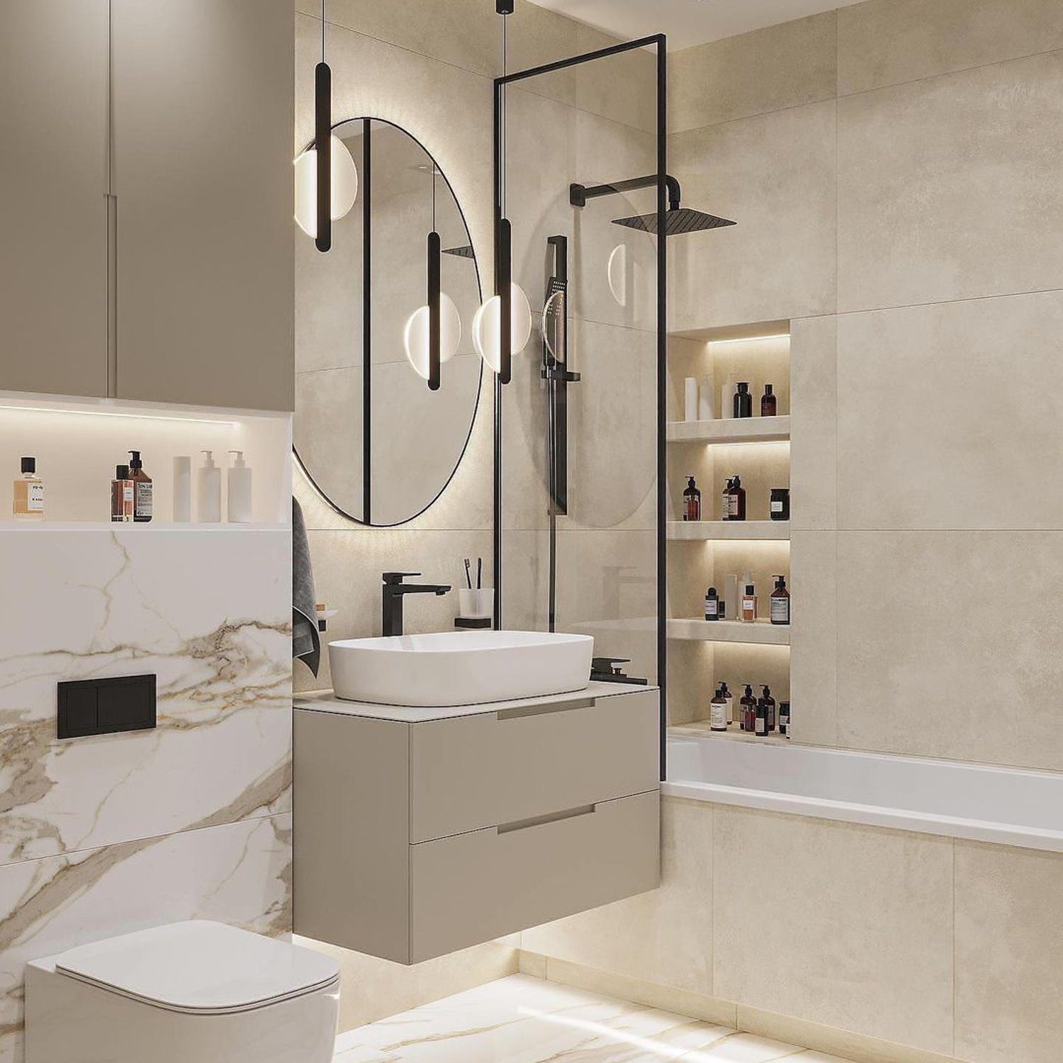 Elegant cream-toned bathroom with marble accents