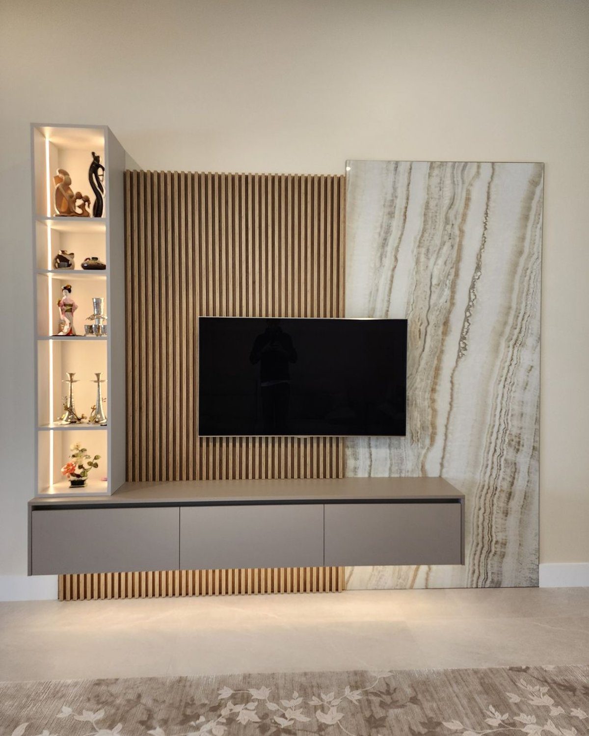 A contemporary living room entertainment area