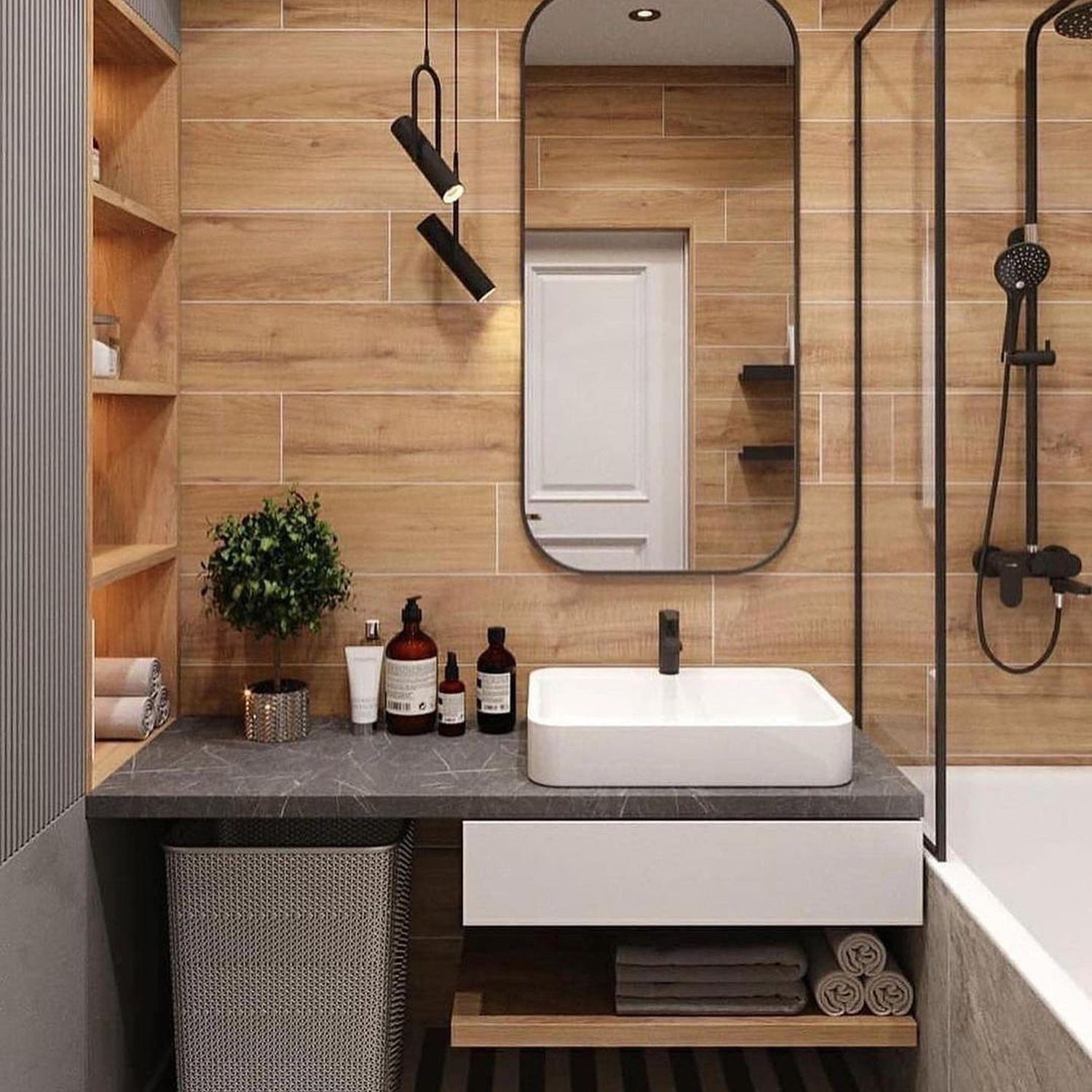 Stylish modern bathroom with wooden accents