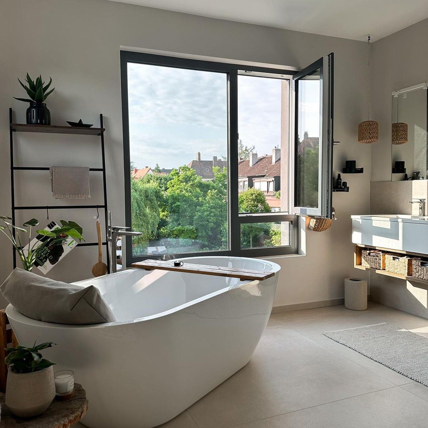 A serene bathroom setting with abundant natural light