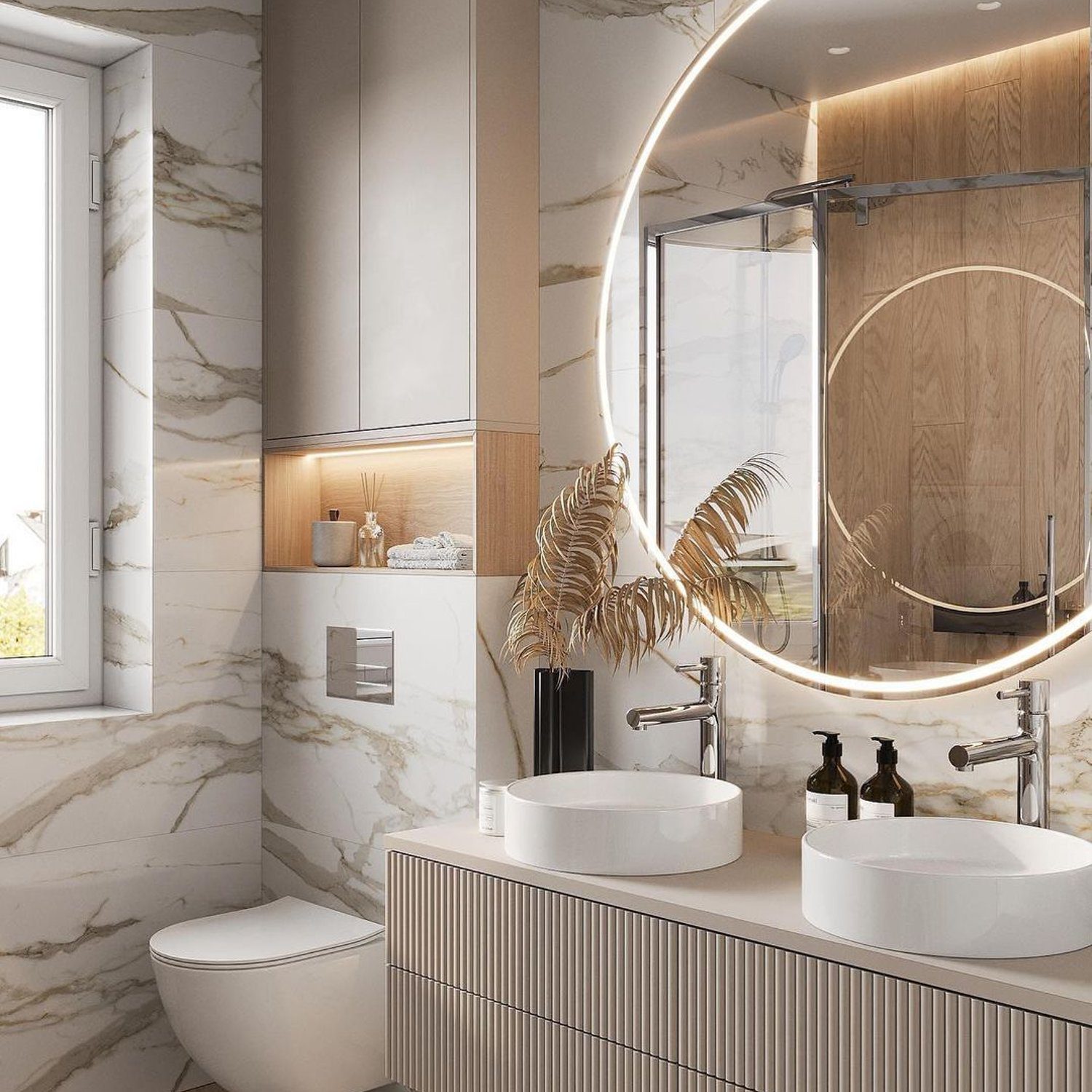 Elegant and modern bathroom design with marble tiles