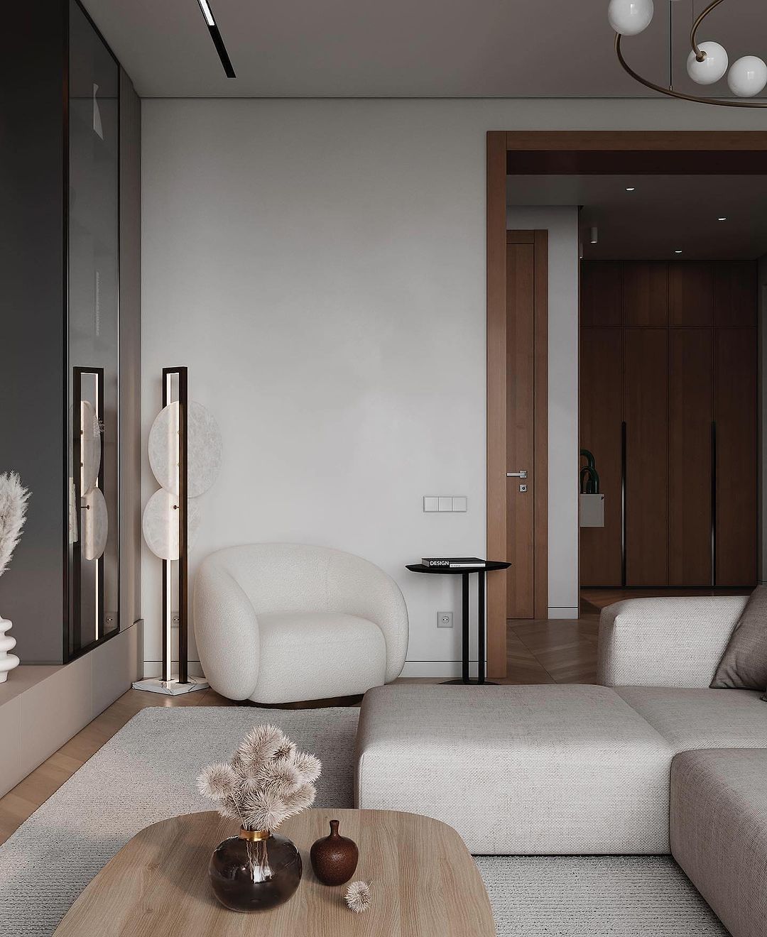 A meticulously designed modern living room with a balance of clean lines and cozy textures