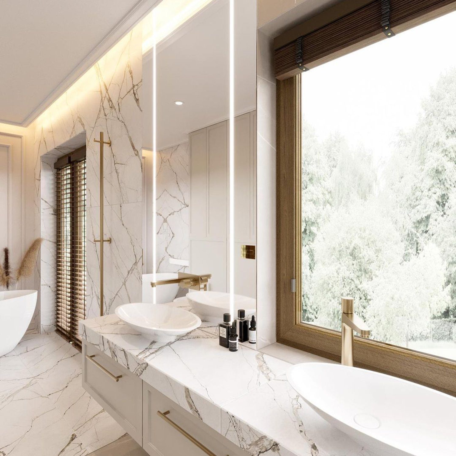 A luxurious bathroom with marble finishes and gold accents