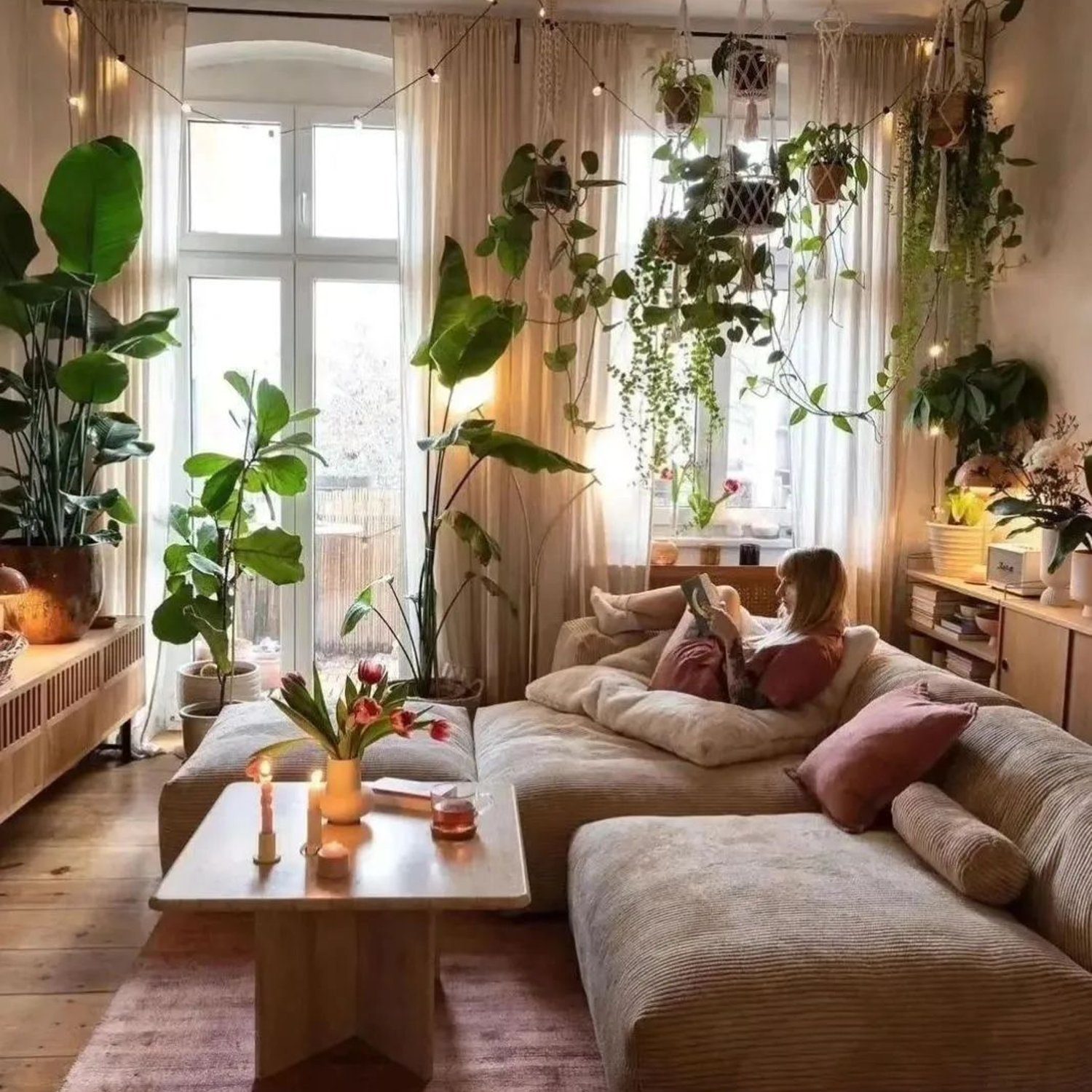 Cozy living room with abundant greenery