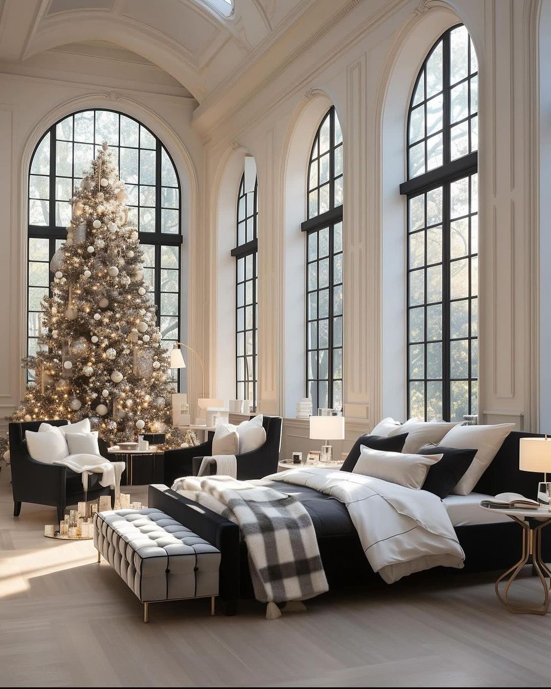 A lavish Christmas-themed living room with towering windows