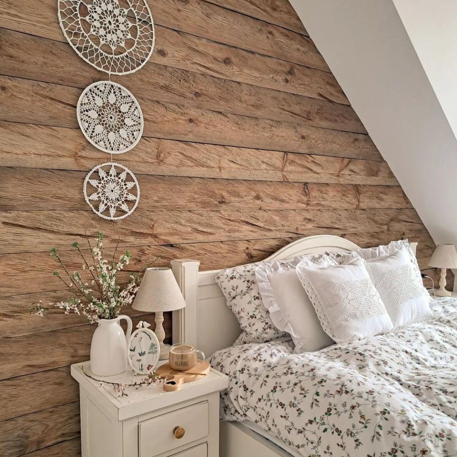 Cozy bedroom with wood accent wall